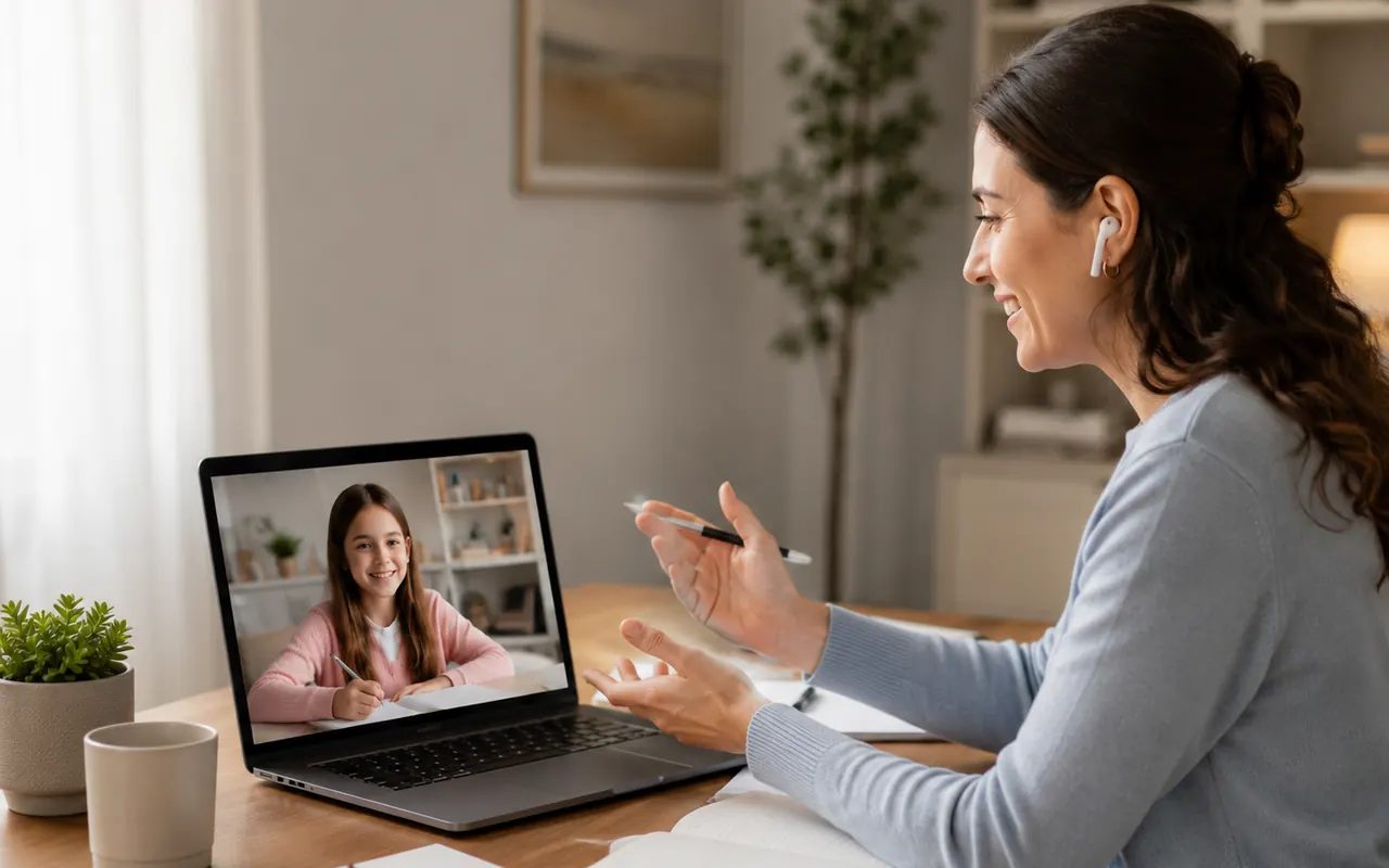 Online tutor teaching a student through a live video class